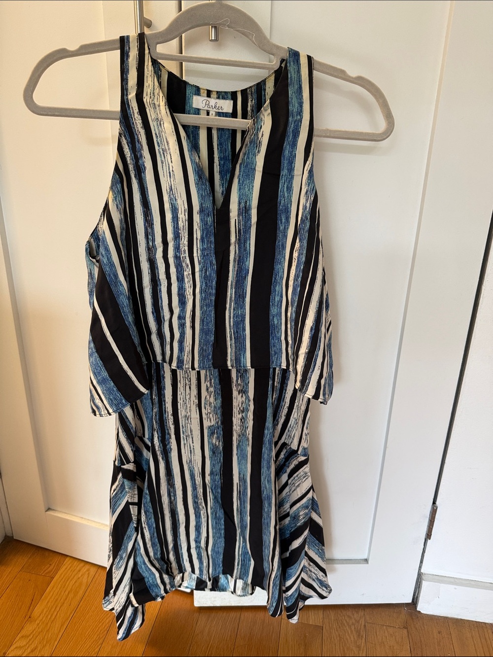 Parker Blue, Black & Cream Striped Silk Cold-Shoulder Dress Size S